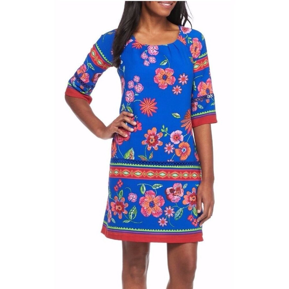 Chris McLaughlin Dress Blue Red Pink 10 Floral 3/4 Sleeve Shift Washable NEW